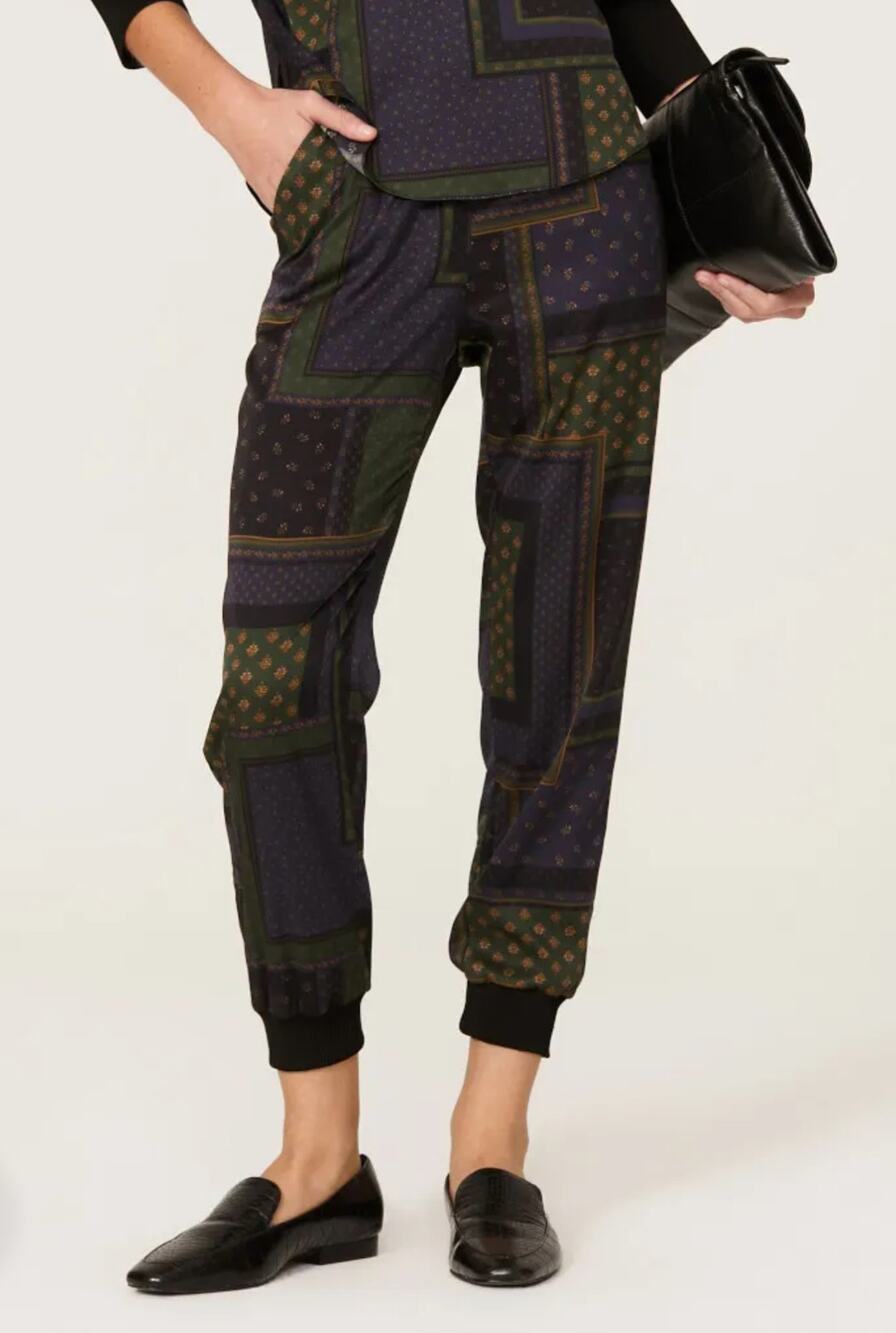 Veronica Beard Avamere Patchwork Jogger Satin Pants Navy Green Sz 8 Quiet Luxury